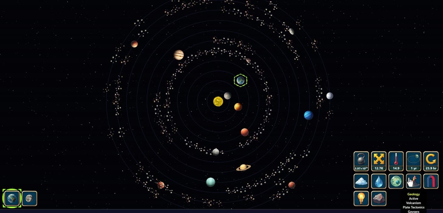 Sistemul Solar în simulare: Soarele, planete cu centuri de asteroizi, iar la planeta selectată e deschis panoul de proprietăți