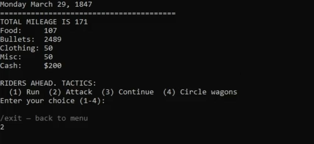 Oregon Trail în aceeași consolă: provizii - mâncare, muniție, haine, bani - și alegerea acțiunii la întâlnirea cu călăreții