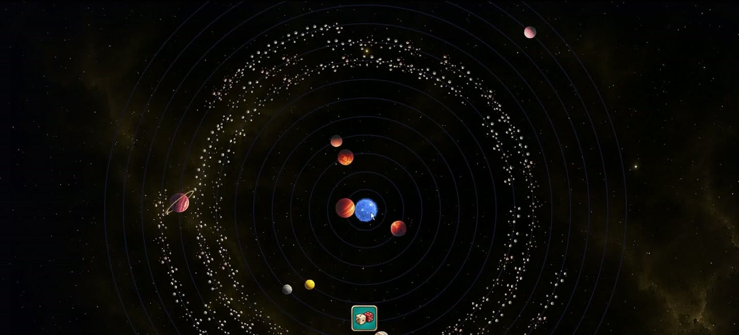 Un sistem stelar generat aleatoriu: o stea în centru, planete pe orbite și centuri de asteroizi